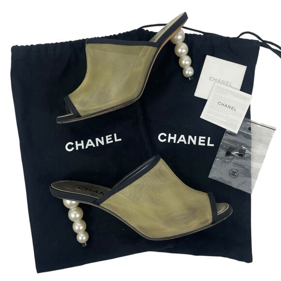 Chanel Mesh Goatskin Pearl Heel Mules Slip On Black Tan Size 37.5C - Picture 14 of 14